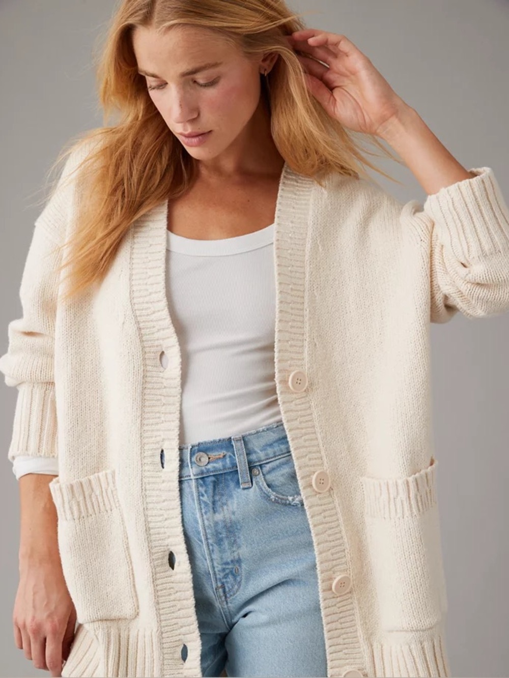 Classic Cream V‑Neck Button Cardigan